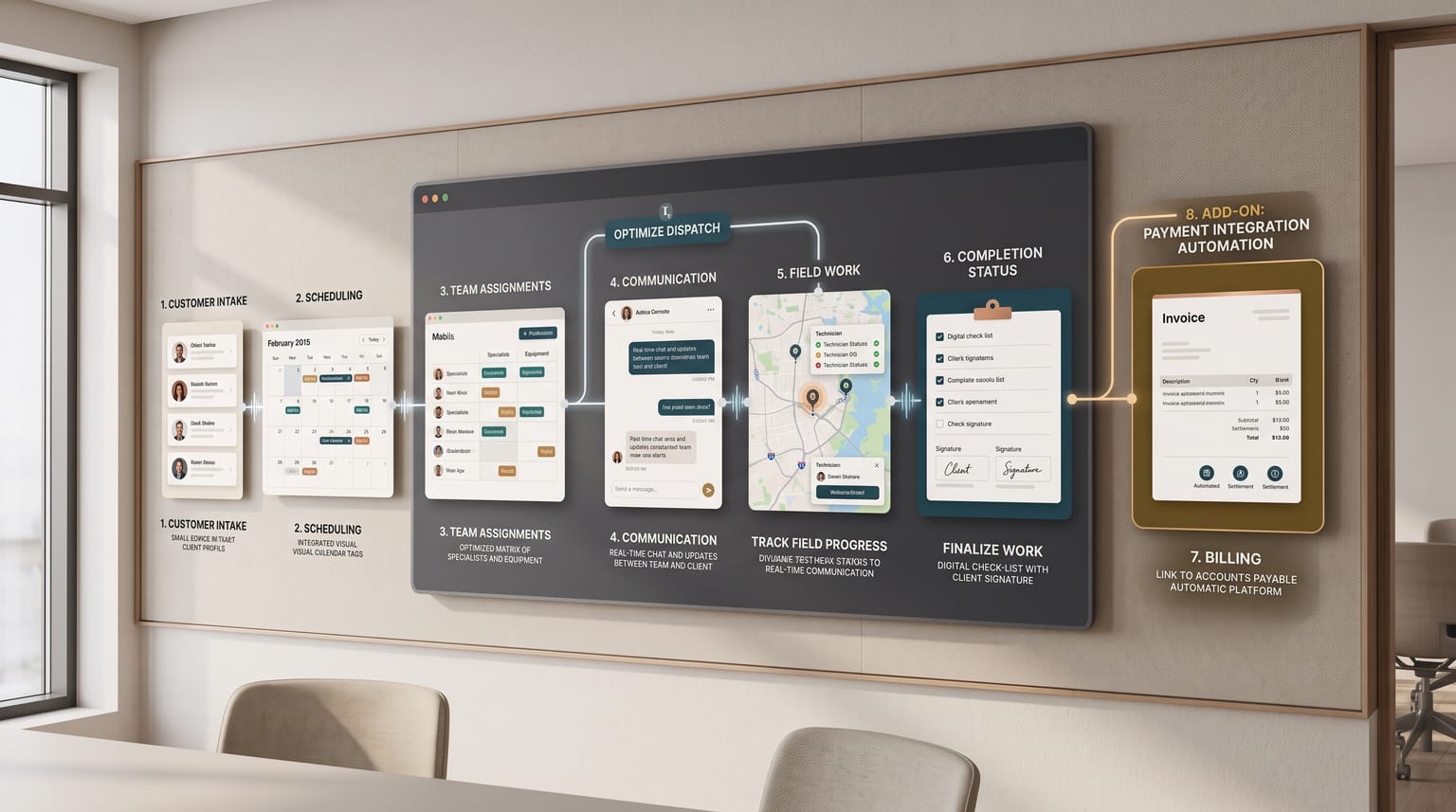 A workflow laid out across a conference room wall, step by step from customer intake and scheduling through team assignments, communication, field work and completion to billing.