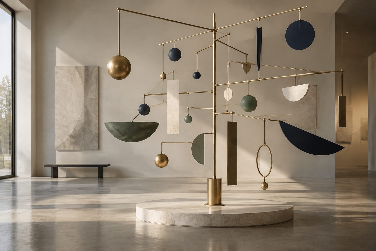 A brass hanging mobile on a stone pedestal, with shapes in navy, sage and stone all balanced from one central post.