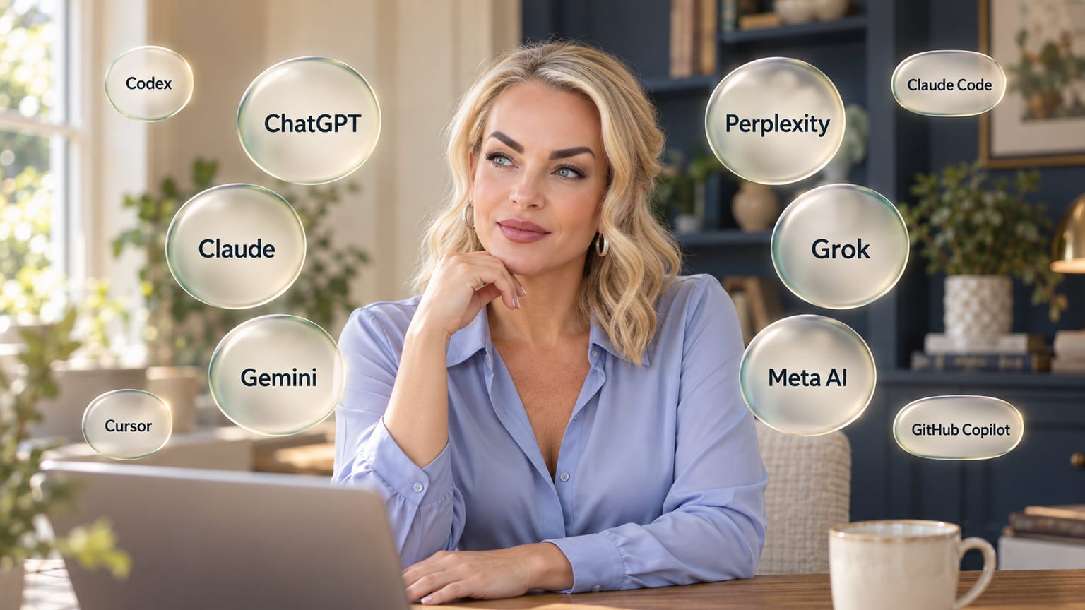 Maureen Cappallo in a pale blue blouse, seated at a desk with a laptop and a coffee mug, chin resting on her hand, surrounded by floating bubbles labeled with AI tools: ChatGPT, Claude, Gemini, Perplexity, Grok, Meta AI, Codex, Cursor, Claude Code, and GitHub Copilot.