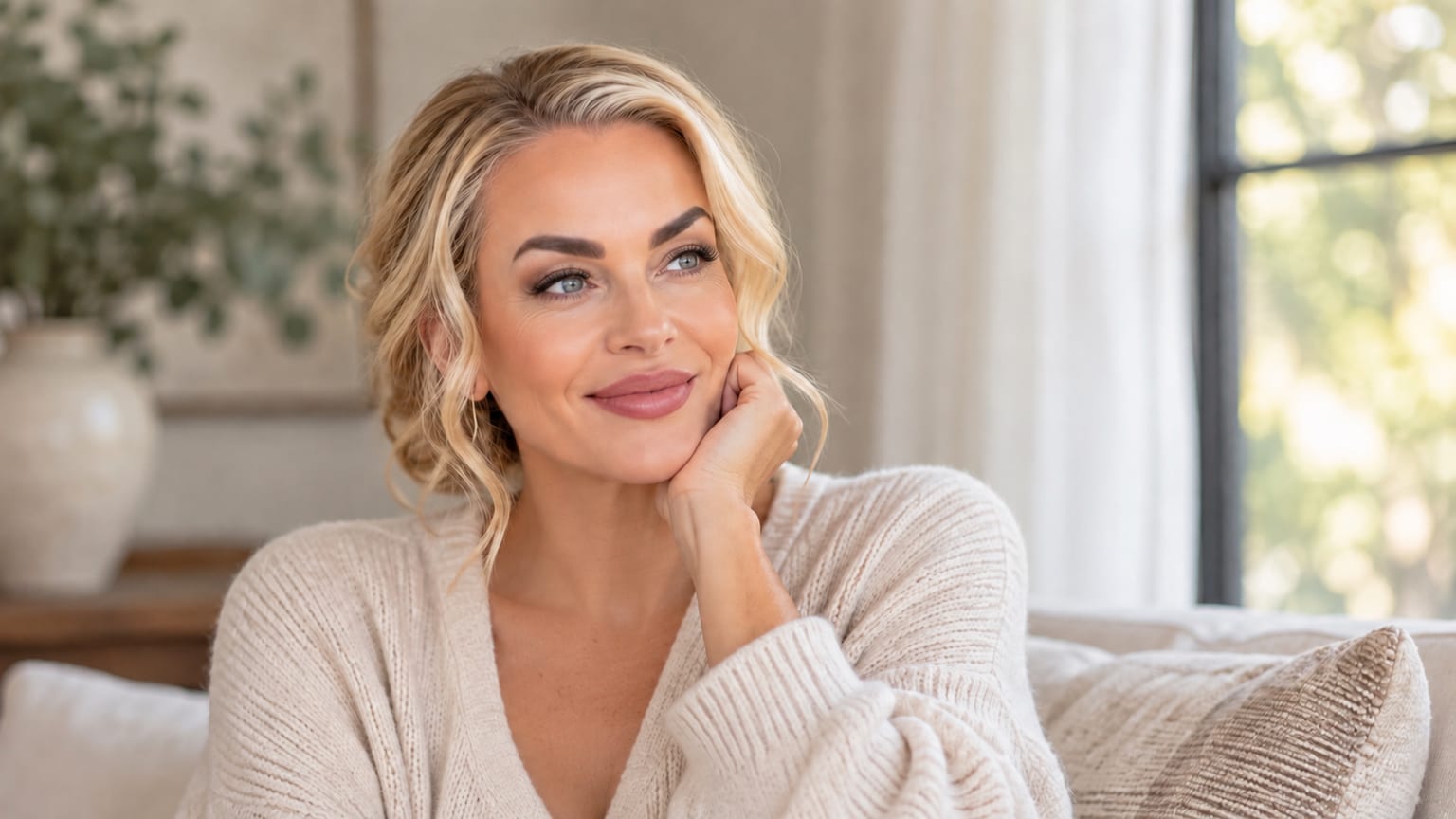 A woman in a cream knit sweater sitting on a sofa beside a sunlit window, chin resting on her hand, looking off to the side with a soft smile.
