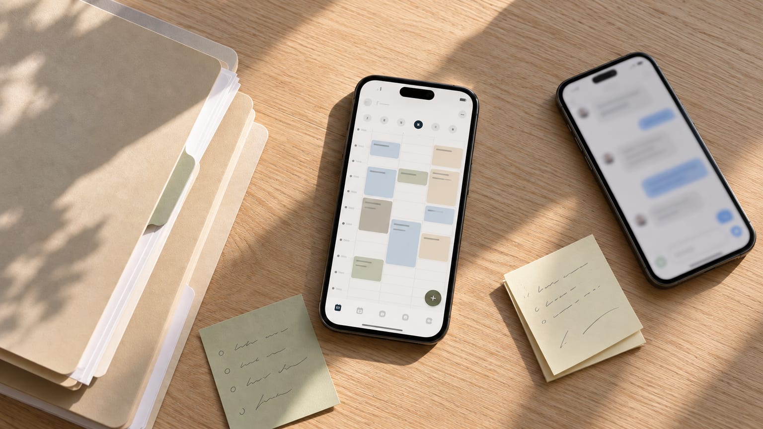 A wooden desk seen from above: one phone showing a color-blocked schedule, a second phone open to a text thread, two sticky notes with handwritten checklists, and a stack of paper file folders.